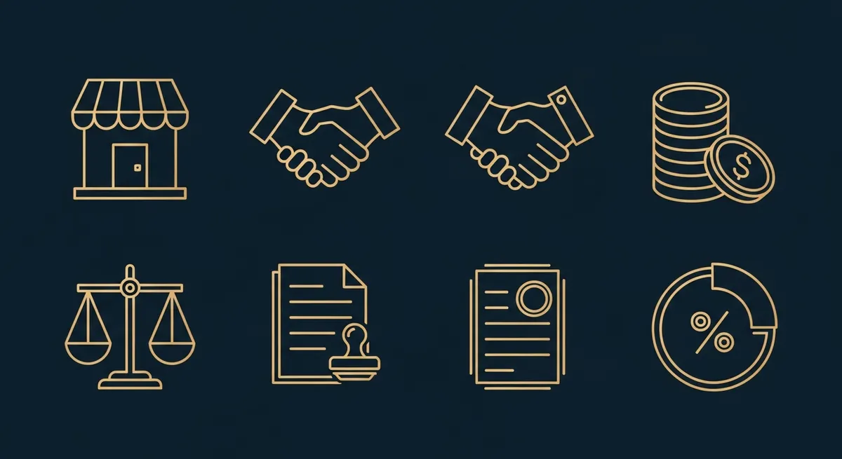 Illustration cession fonds commerce fiscalité : balance avec deux côtés vendeur acquéreur, pièces, document