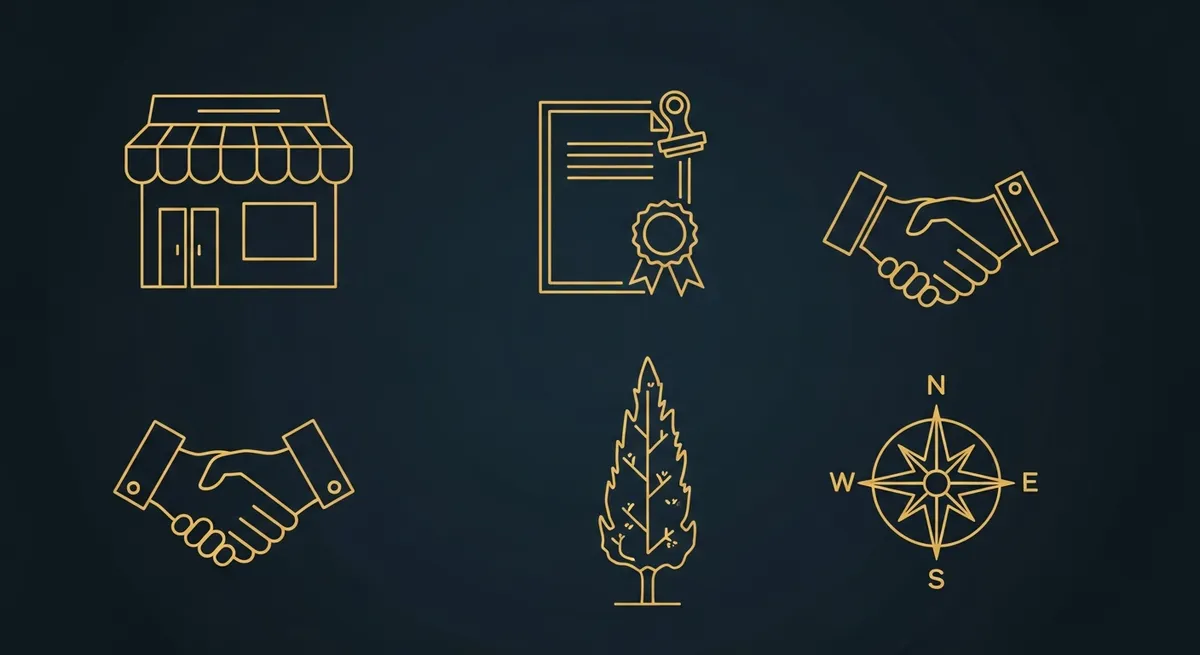 Illustration de création d'entreprise avec icônes de commerce, documents et bâtiment sur fond navy