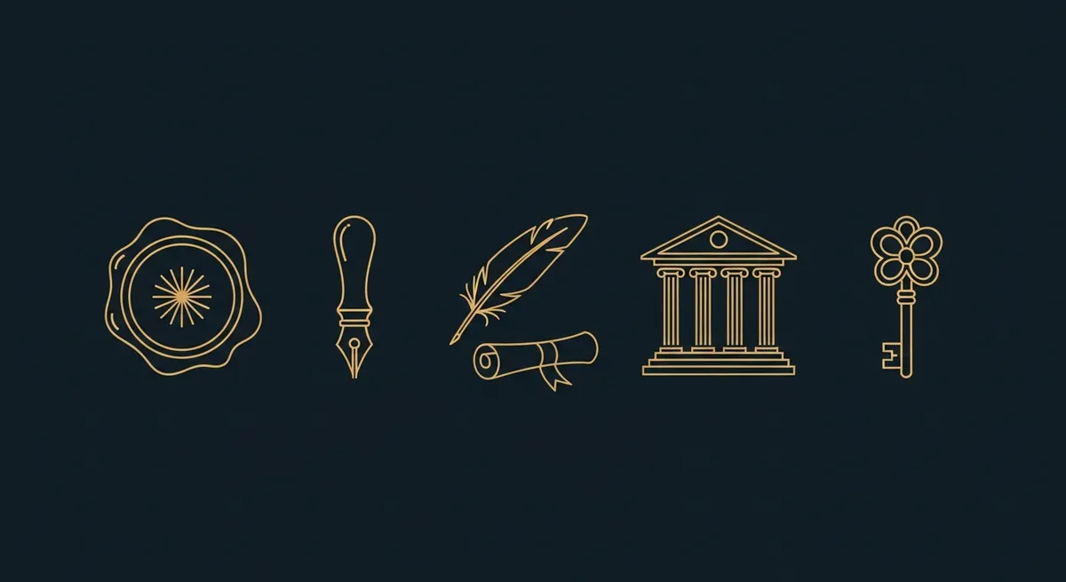 Illustration de statuts SCI avec sceau notarial, stylo et document juridique sur fond navy