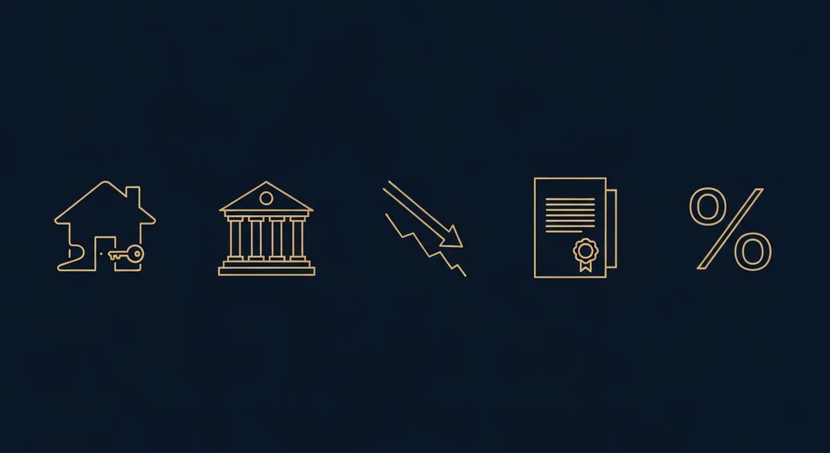 Illustration d'un refinancement immobilier avec maison, contrat de prêt et graphique de taux sur fond navy